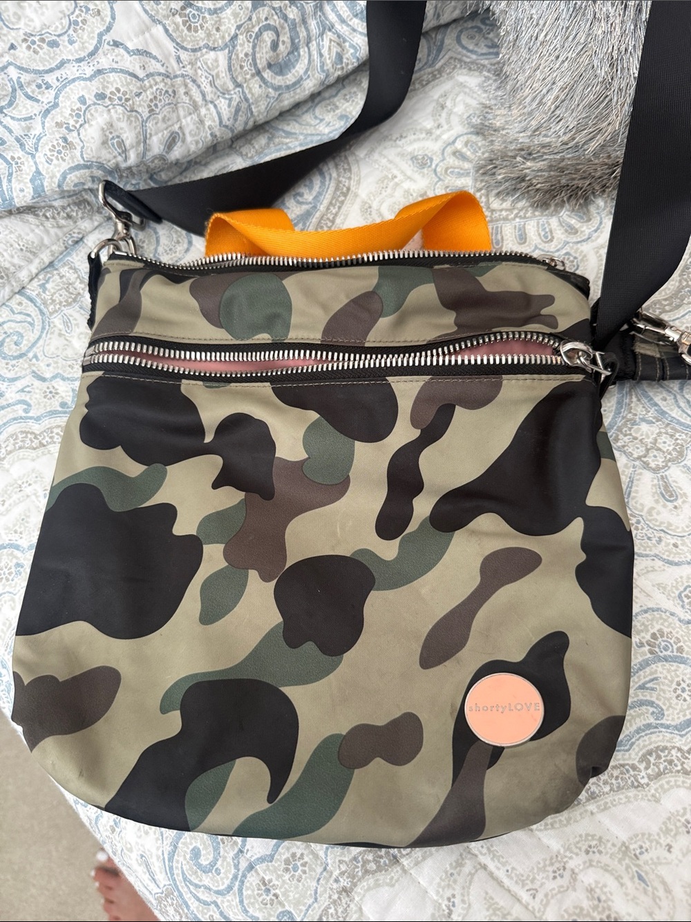 ShortyLove Camouflage Crossbody Bag with Orange Top Handle